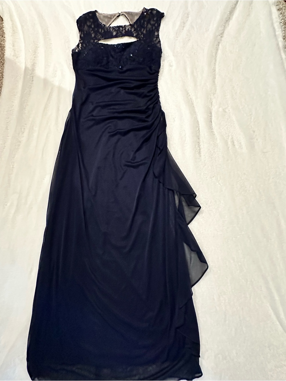 Navy Lace-Shoulder Evening Dress. - Picture 2 of 5